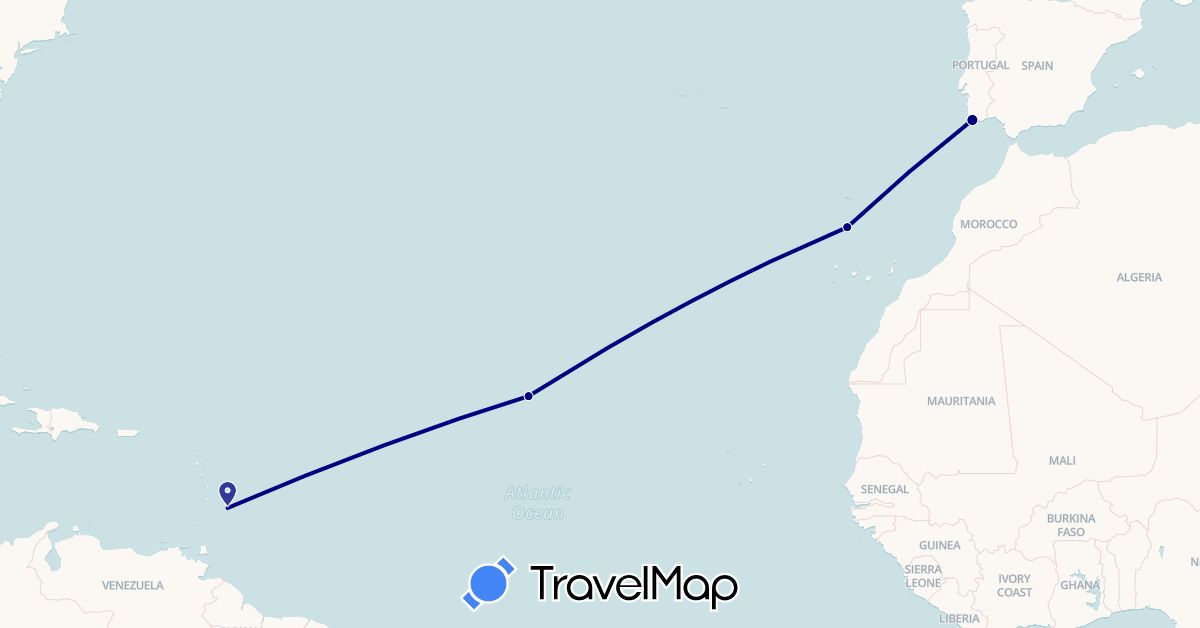 TravelMap itinerary: driving in Barbados, Portugal (Europe, North America)